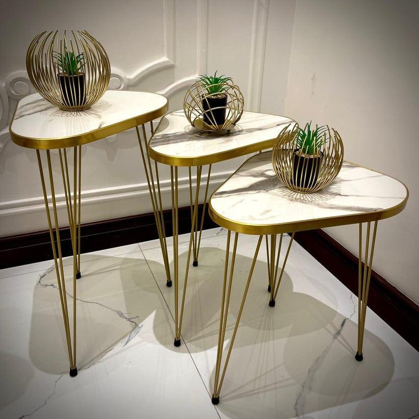Luxury 3-Piece Nesting Coffee Table Set – Marble Top with Golden Iron Legs (Black/White)