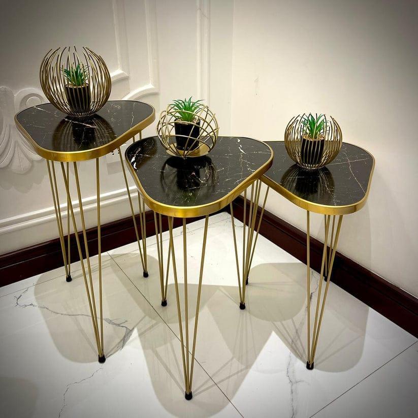 Luxury 3-Piece Nesting Coffee Table Set – Marble Top with Golden Iron Legs (Black/White)