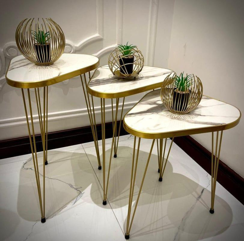 Luxury 3-Piece Nesting Coffee Table Set – Marble Top with Golden Iron Legs (Black/White)